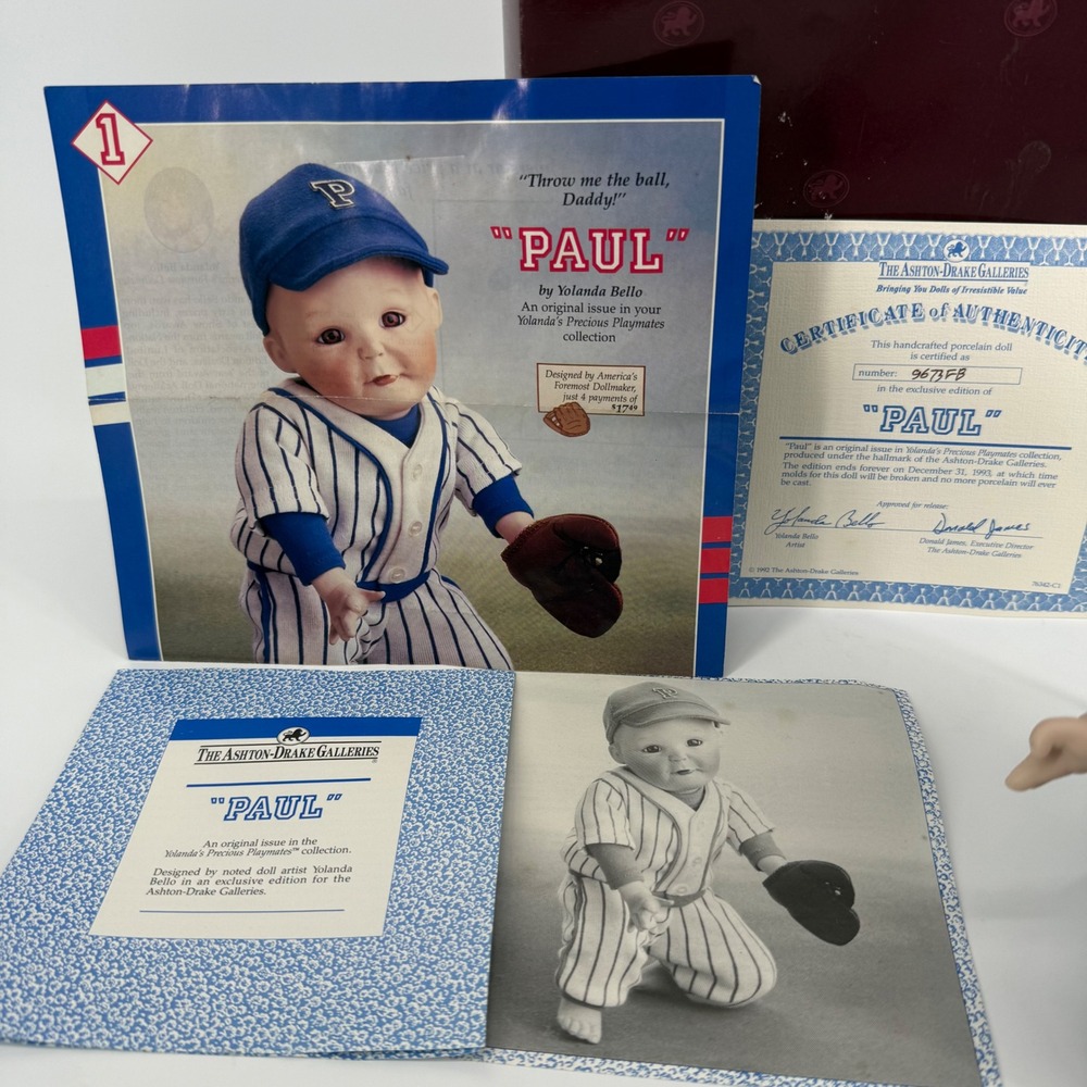 Ashton Drake Yolanda Bello Paul Baseball Porcelain Doll Precious Playmates Box - Picture 2 of 4